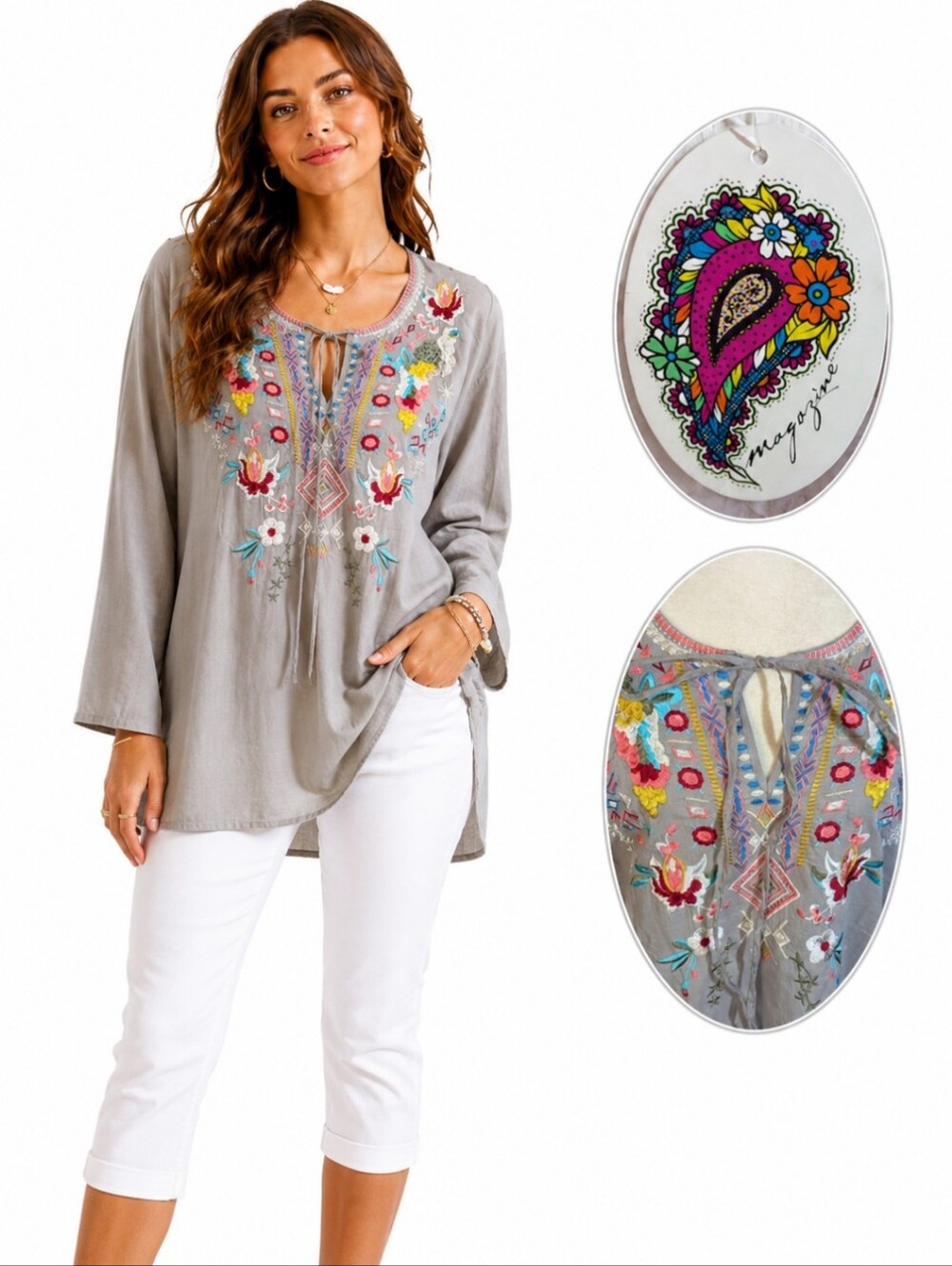 New Magazine Embroidered Long-Sleeve Peasant Tunic Top Ash Gray Cotton NWT Sz M